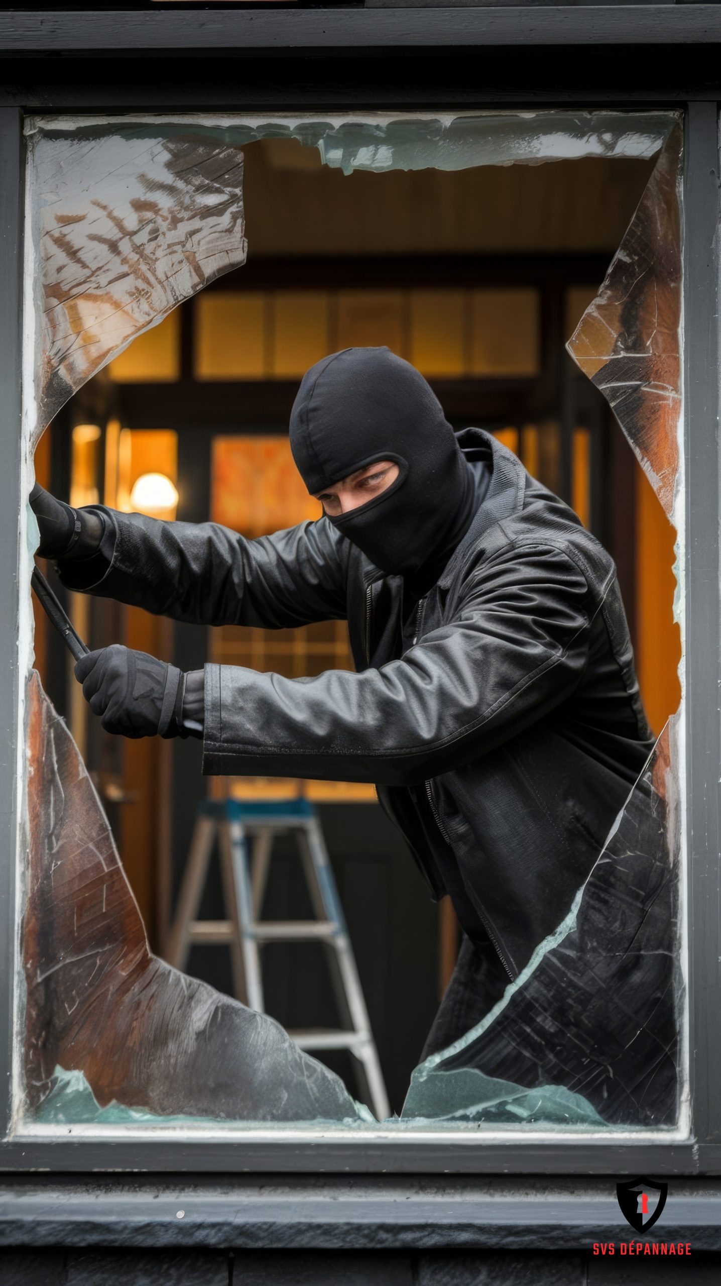 criminal concept burglary thief balaclava breaking glass window enter house scaled