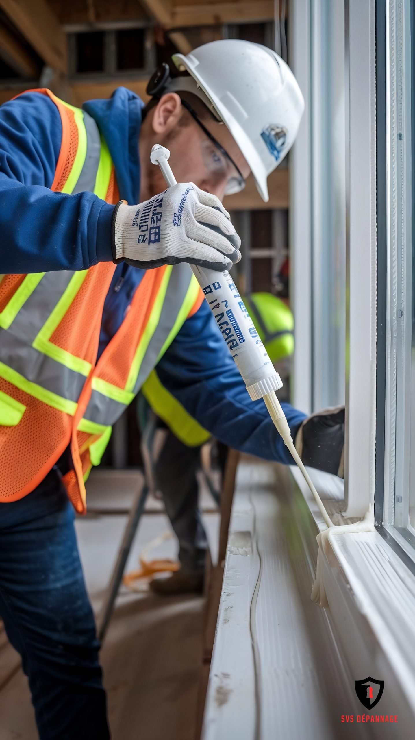 worker with construction syringe fills seam sill window with silicone sealant scaled